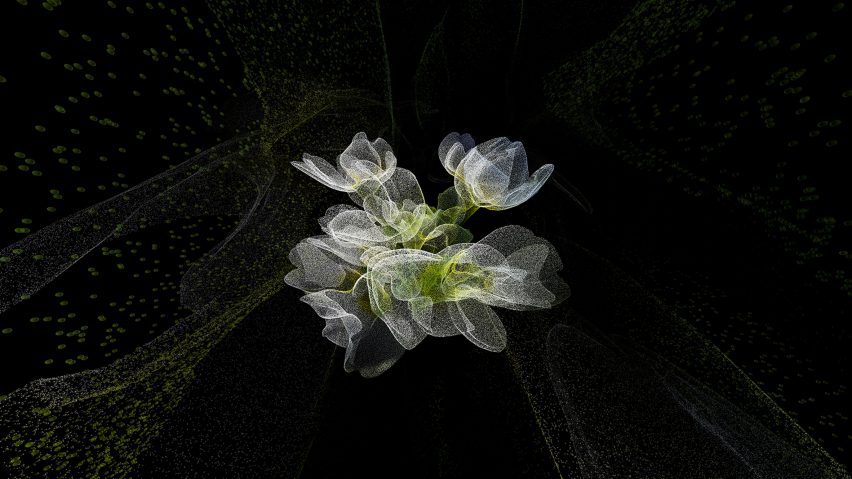 a digital abstract image in tones of white, green and black