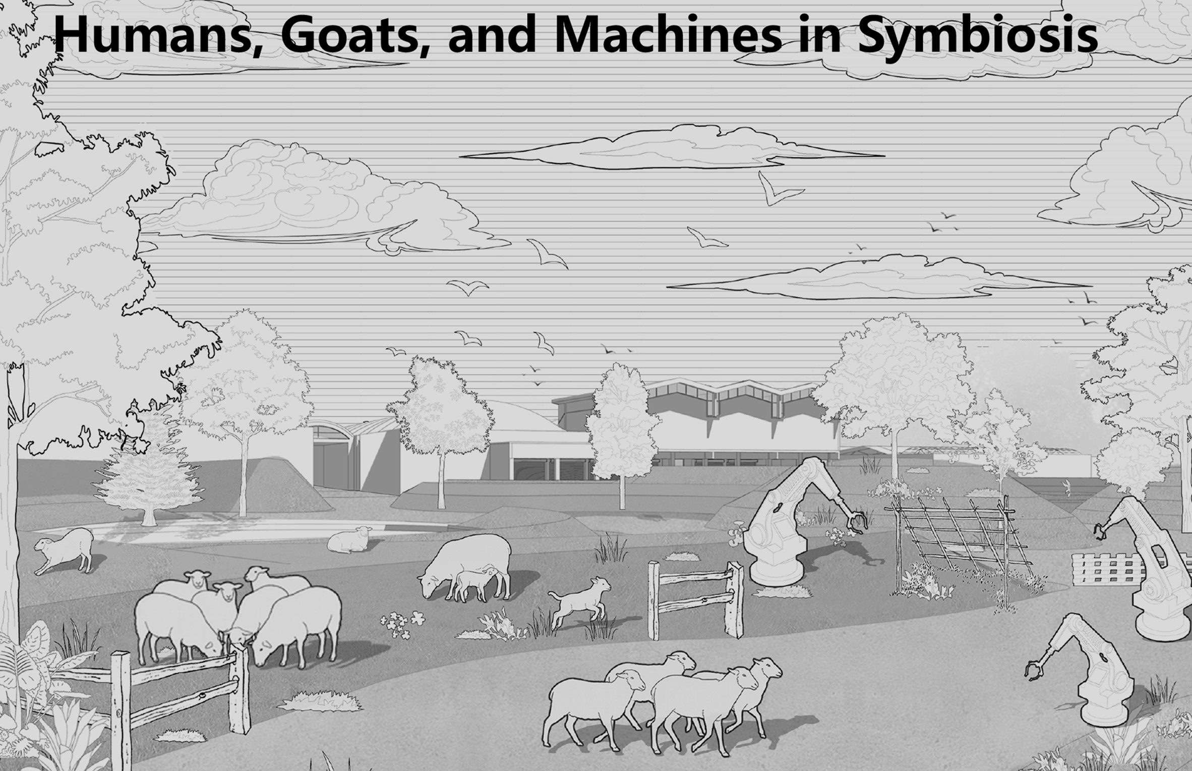 an illustration of a field with animals in it, in tones of black and white