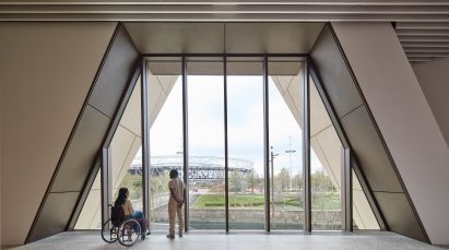 Gallery interior overlooking London's Queen Elizabeth Olympic Park