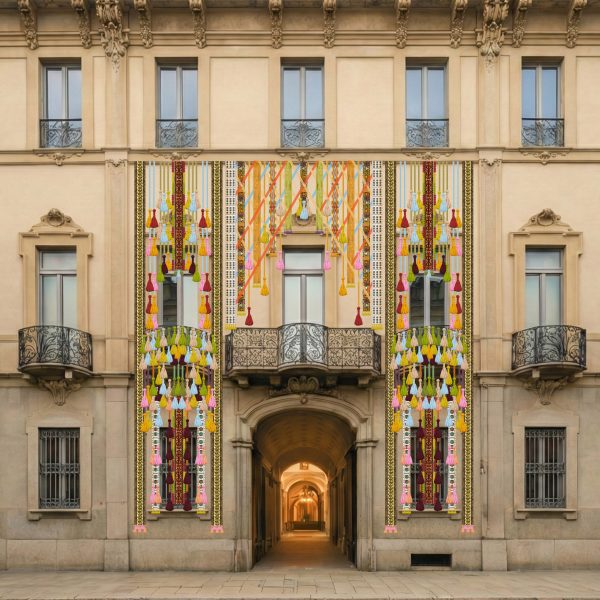 Textile installations hanging across the facade of Palazzo Citterio in Milan