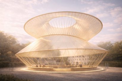 Render of a circular pavilion with a lattice structure installed at Palazzo Citterio in Milan