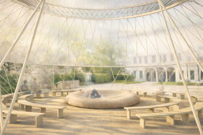 Interior of the pavilion showing a circular seating arrangement beneath a lattice structure