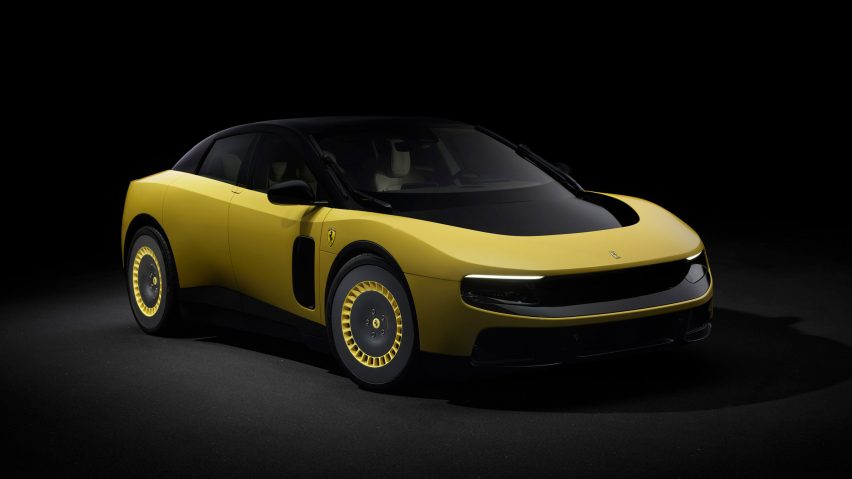 Three-quarter view of yellow Ferrari Luce