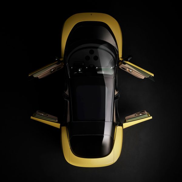 Aerial view of yellow Ferrari Luce with doors open