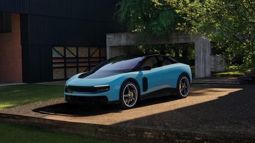 Front three-quarter view of blue Ferrari Luce