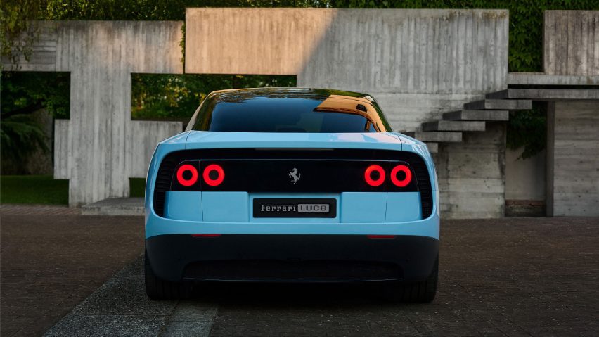 Rear view of blue Ferrari Luce