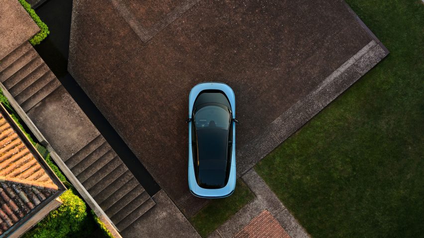 Aerial view of blue Ferrari Luce