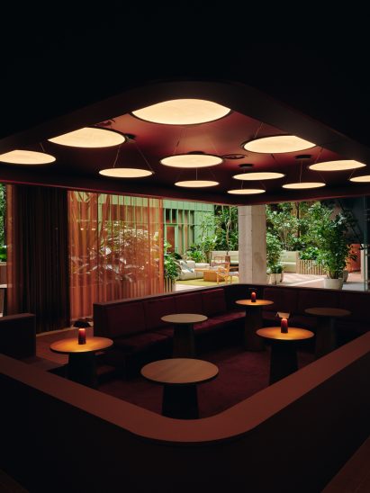 Conversation pit with red seats