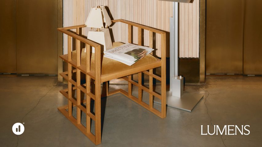Display of lamp on wooden chair