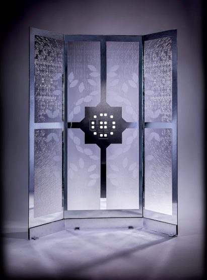 Image of a decorative, panelled glass screen.