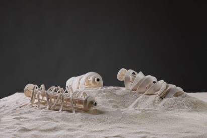 Images of three small objects laying on sand.