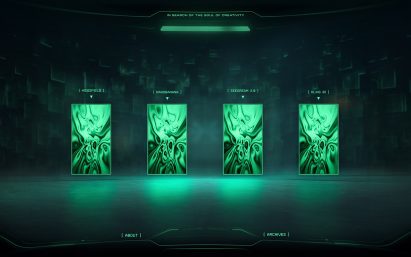 Image of 4 screens showing green abstract illustrations.