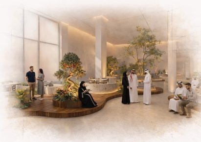 Computer generated image of a white interior with small trees and small groups of people positioned throughout.