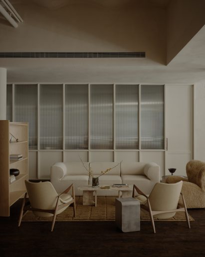Interior of a neutral-toned furniture showroom