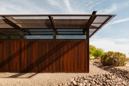 The standalone extension to the Cocopah Museum and Cultural Center, wrapped in panels of weathering steel