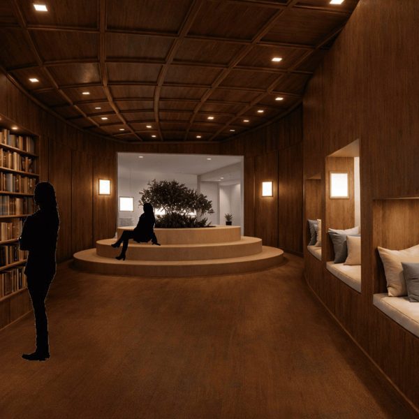 Image of a dark wooden interior, with lit book-shelving, breakout seats and a centrepiece with a tree.