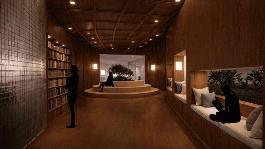 Image of a dark wooden interior, with lit book-shelving, breakout seats and a centrepiece with a tree.