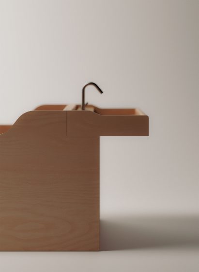 Side view of wooden tub with integrated sink