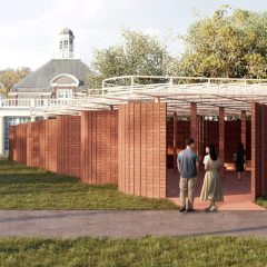 Exterior render of Lanza Atelier's Serpentine Pavilion 2026 in Kensington Gardens with undulating brick walls