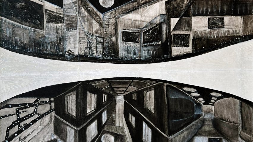 a painting in tones of black and white