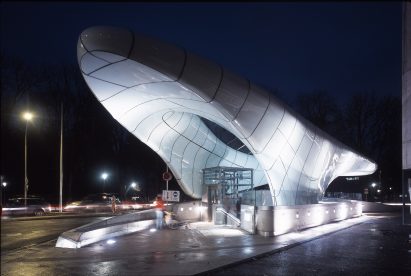 Exterior view of shell structure by Zaha Hadid