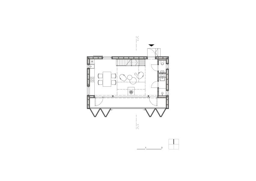 Overhead section of downstairs level in River, Rock and Fire cabin by Mimosa Architects