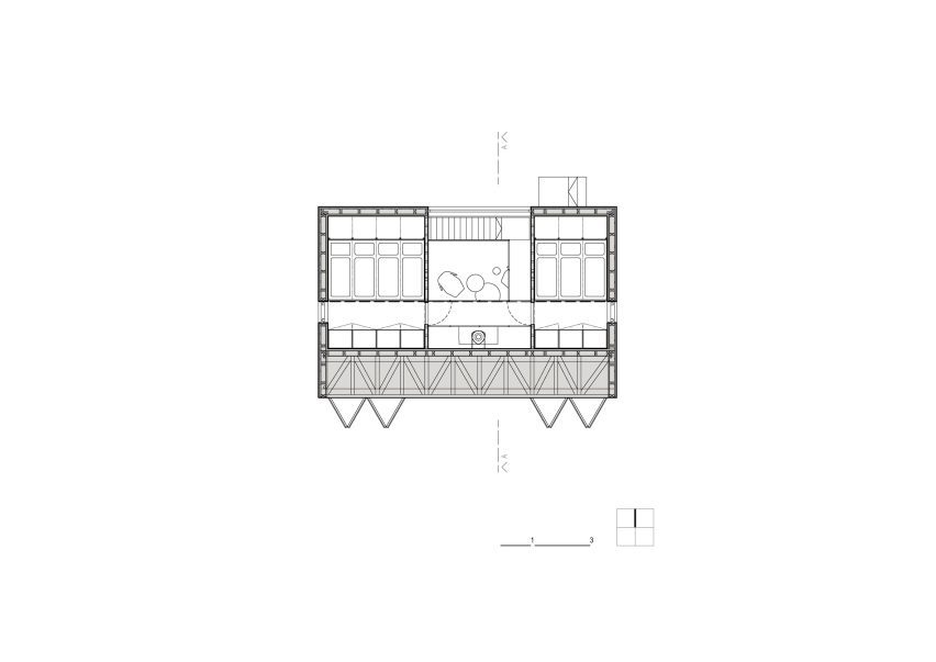 Overhead section of first floor in River, Rock and Fire cabin by Mimosa Architects