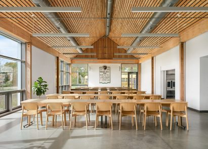 Interior of a mass-timber center in Maine by Opal