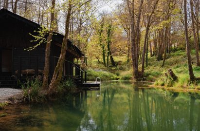Woodland pond and cabin