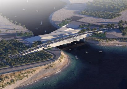 Computer-generated image of a building that serves as a bridge between two land masses.
