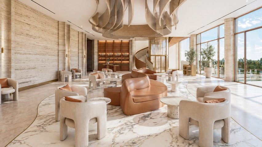 Computer-generated image of a neutral contemporary interior with an expansive glass facade and marble floors.