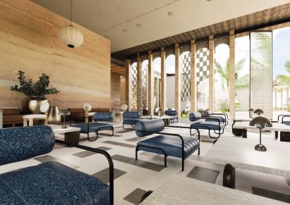 Computer-generated image of a communal lounge area, with square tables and blue chairs.