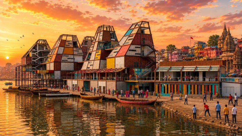 Architectural render of a colourful community building on the waterfront