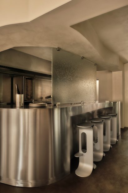 Metal bar desk in London restaurant