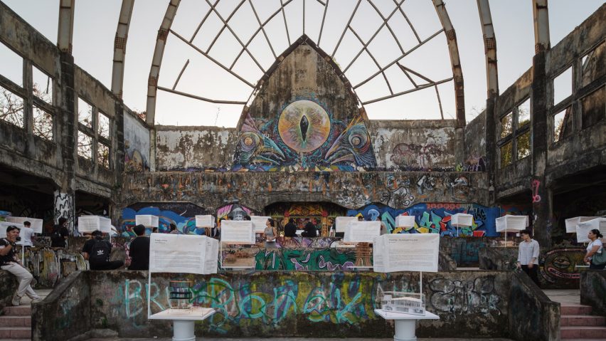 Photo of an exhibition in venue with graffiti