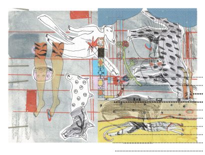 An abstract art sketch, featuring animals and legs with a tiger-like pattern