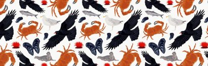 Cornish coastal pattern featuring crabs, seals, fish and birds