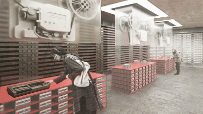 Computer generated image of a young woman in a store, testing a cassette player.