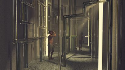 Computer generated image of two people standing in a room with a number of glass pipes.