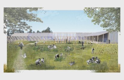 Render of people in a field in front of a building