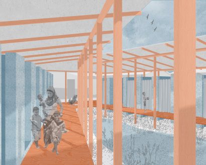 Render of family in a corridor