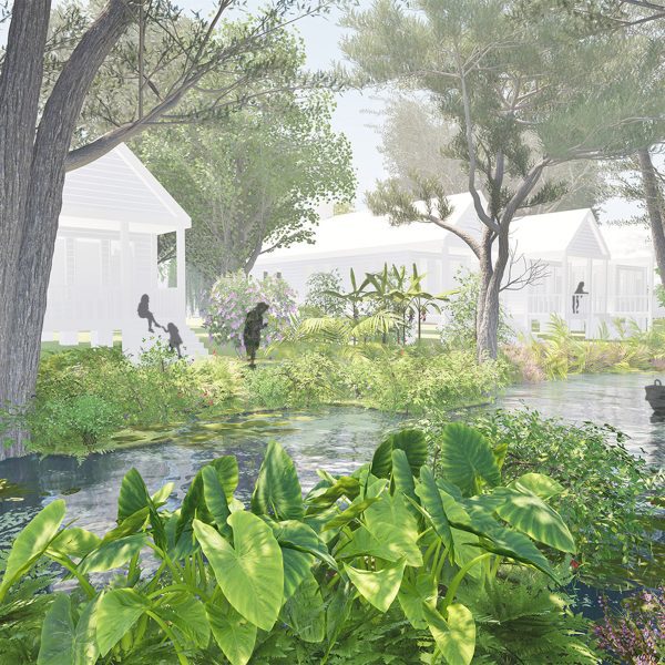 Render of a body of water surrounded by plants