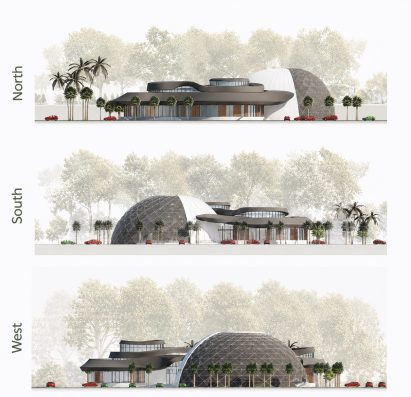 Computer-generated image, showing a 360 degree view of a building complex in three separate images.