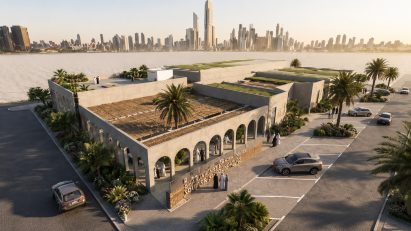 Architectural render of a large community building with a facade of archways, and a cityscape in the background.