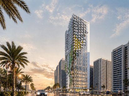 Architectural render of a skyscraper.