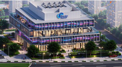 Architectural render of a large corporate building with colourful lights tracing around the exterior.
