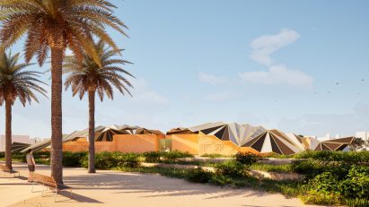 Architectural render of a public building with an expansive textured roof.