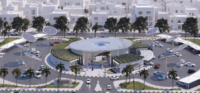 Architectural render of a central public building surrounded by solar panels.
