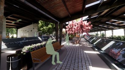 Render of outdoor space with a tree and benches