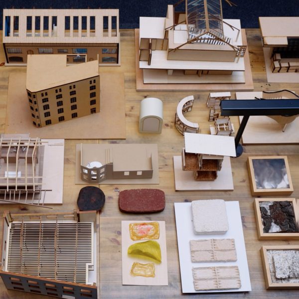 Architectural models laid out on a table